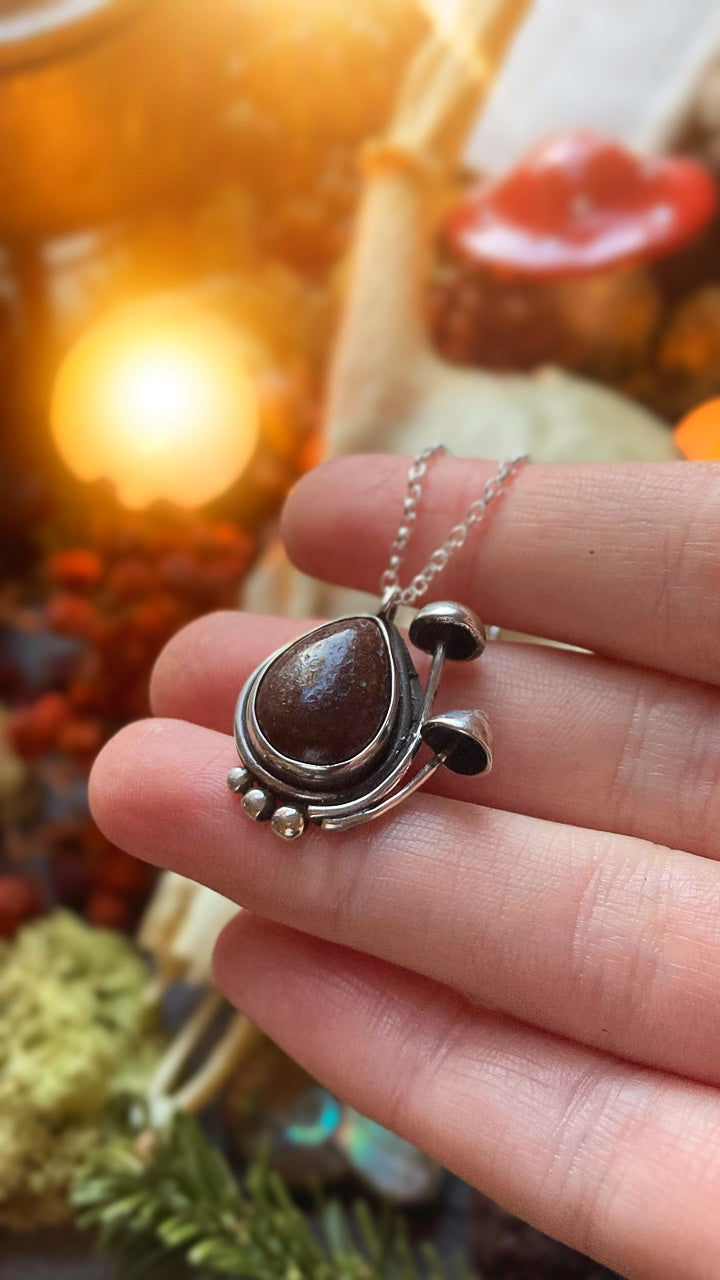 ANCESTORS Handmade Sterling Silver Mushroom Necklace with Fossilised Dinosaur Bone
