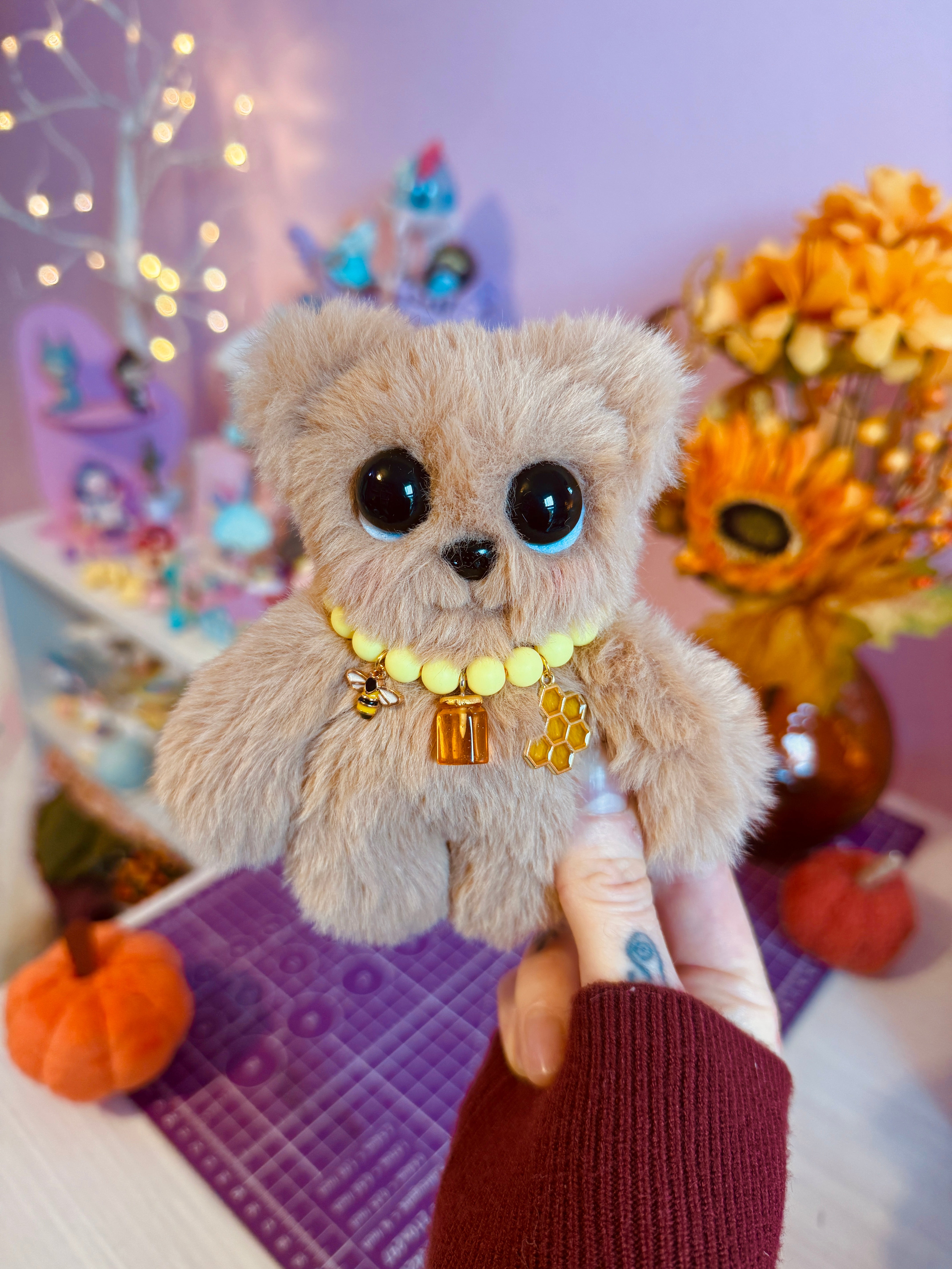 HONEY BEAR PALMPUFF (A) - Handmade Mini Luxury Weighted Doll