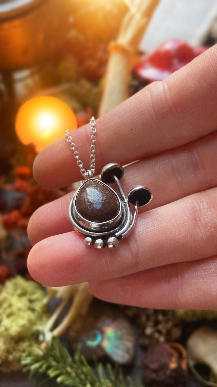 ANCESTORS Handmade Sterling Silver Mushroom Necklace with Fossilised Dinosaur Bone