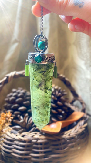 ꩜ SACRED GROVE ꩜ Handmade Sterling Silver Forest Talisman with Prehnite Crystal, Green Agate, Jade & Turquoise Beads