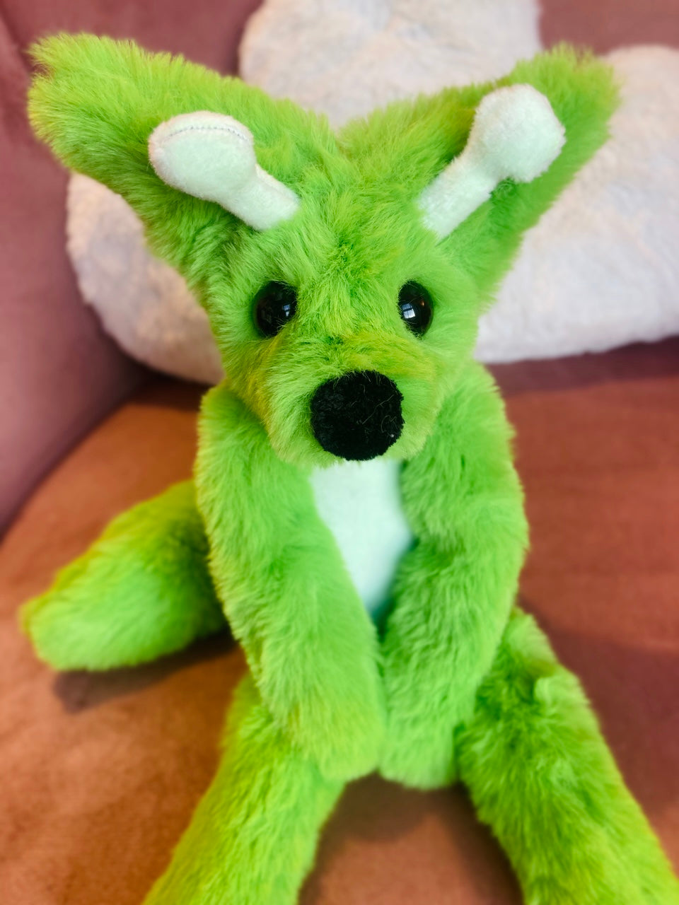 GLOW-IN-THE-DARK GREEN ALIEN FOX (A) - Handmade Luxury Weighted Plush Fluffy Fox Doll
