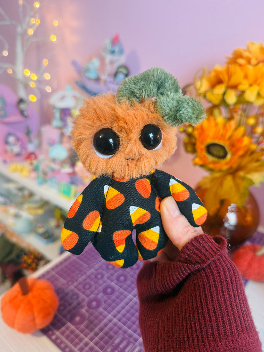 CANDY CORN PUMPKIN PICKER PALMPUFF (B) - Handmade Mini Luxury Weighted Doll