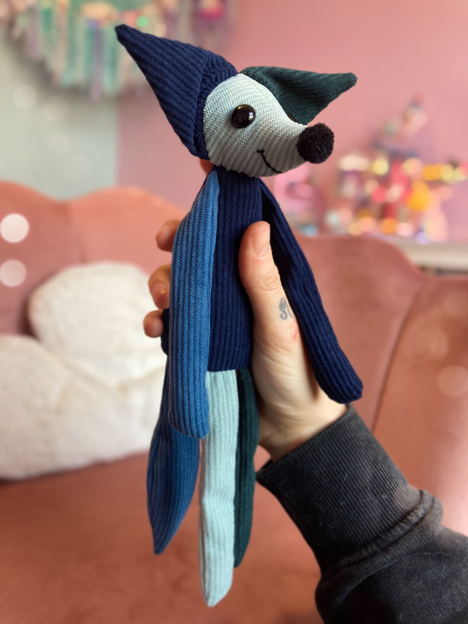 COLOURBLOCK CORDUROY FOX (BLUE) - Handmade Luxury Weighted Fox Doll