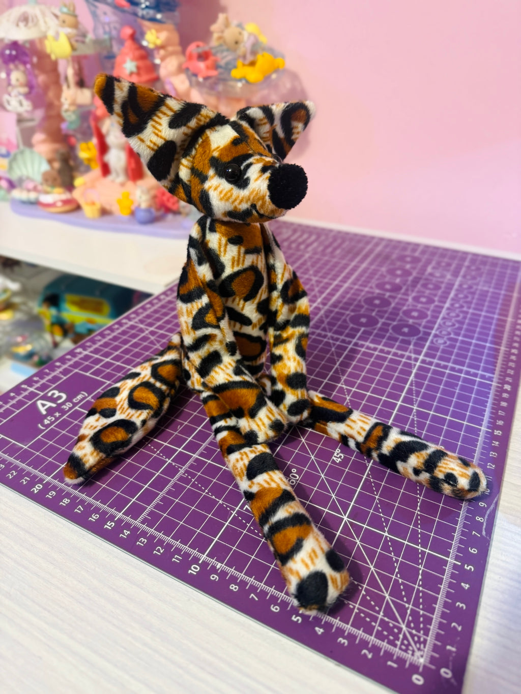 CALICO LEOPARD FUZZY FOX - Handmade Luxury Weighted Plush Fluffy Fox Doll