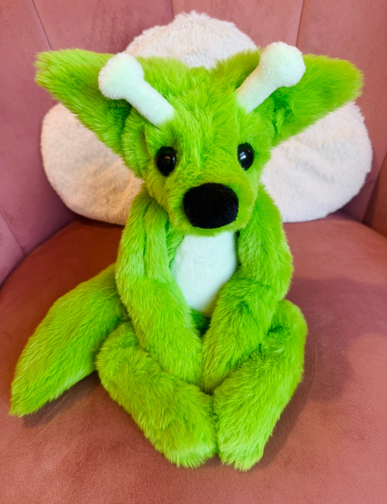 LARGE GLOW-IN-THE-DARK GREEN ALIEN FOX - Handmade Luxury Weighted Plush Fluffy Fox Doll