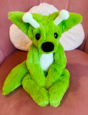 LARGE GLOW-IN-THE-DARK GREEN ALIEN FOX - Handmade Luxury Weighted Plush Fluffy Fox Doll