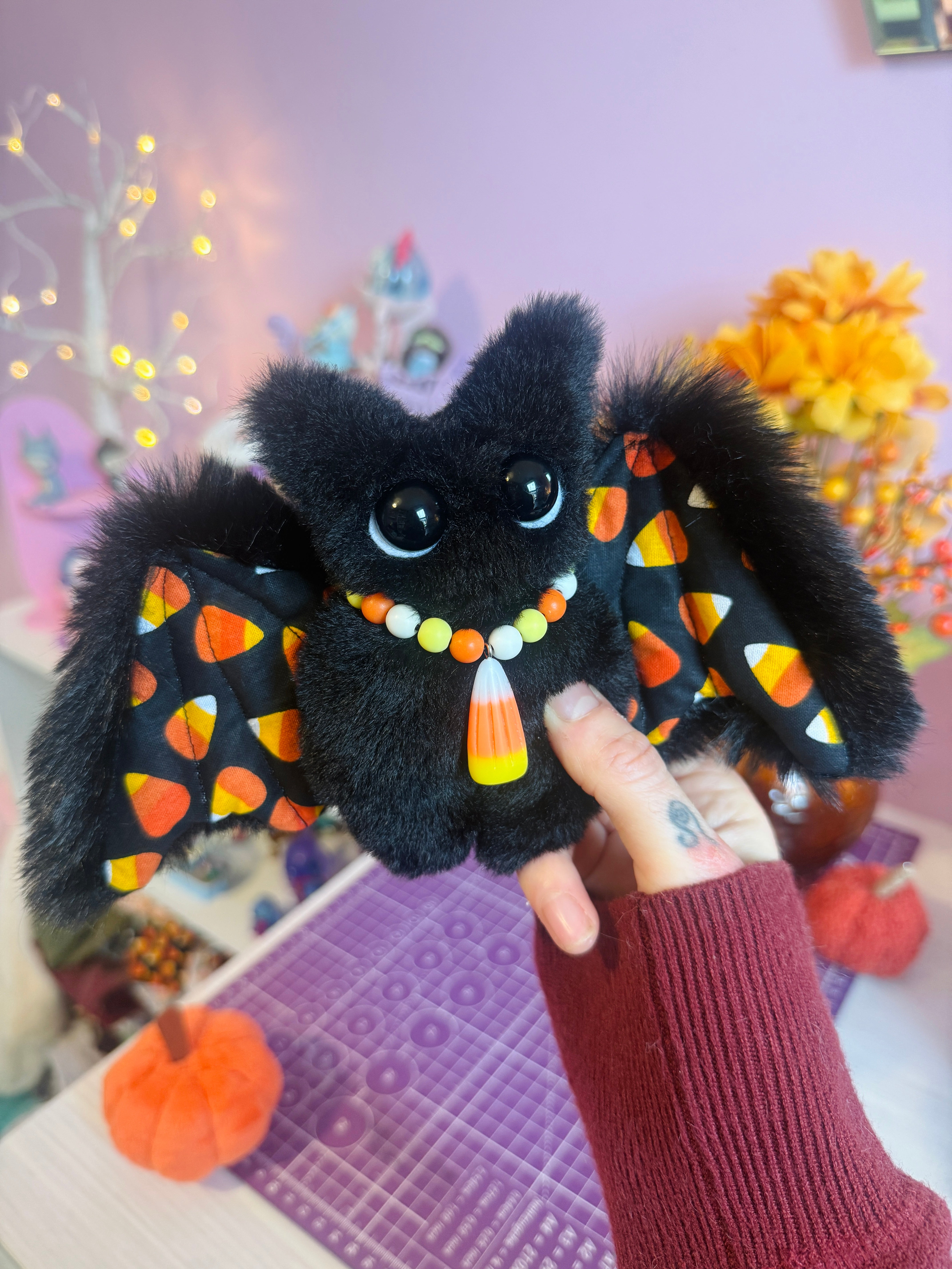 CANDYCORN BAT PALMPUFF - Handmade Mini Luxury Weighted Doll