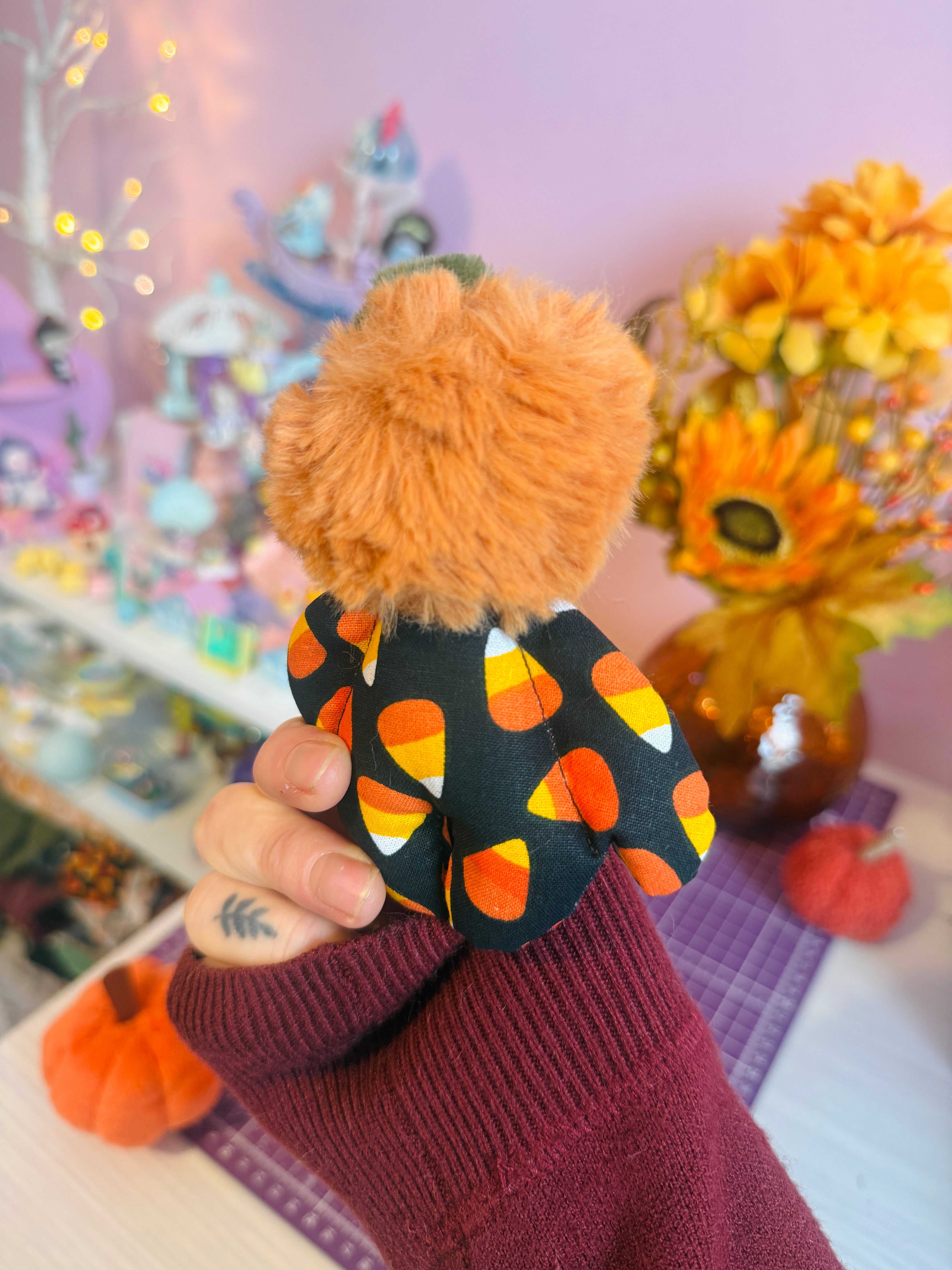 CANDY CORN PUMPKIN PICKER PALMPUFF (B) - Handmade Mini Luxury Weighted Doll