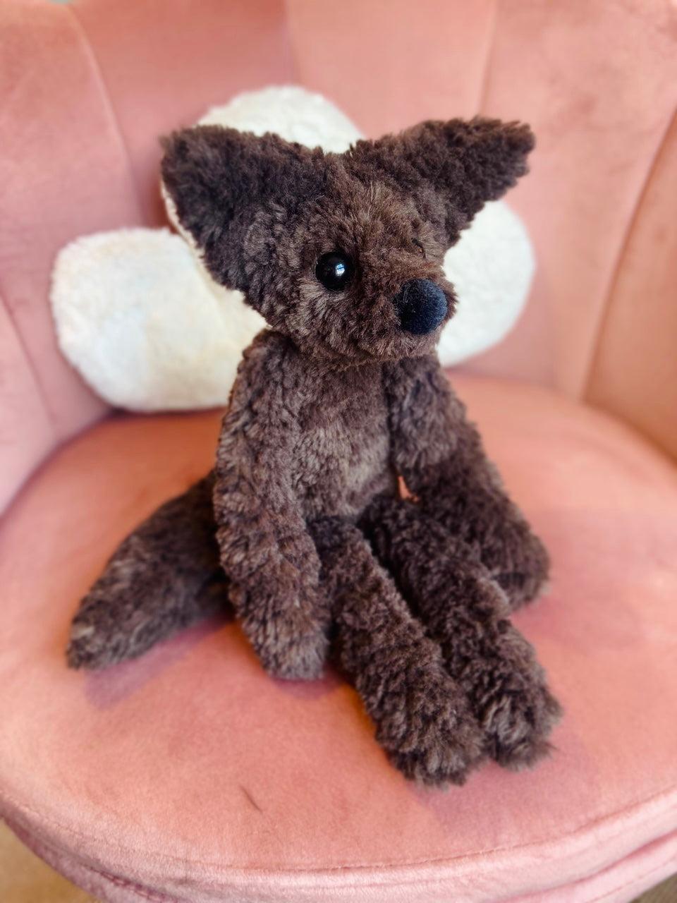LARGE CURLY CHOCOLATE FOX (A) - Handmade Luxury Weighted Plush Doll