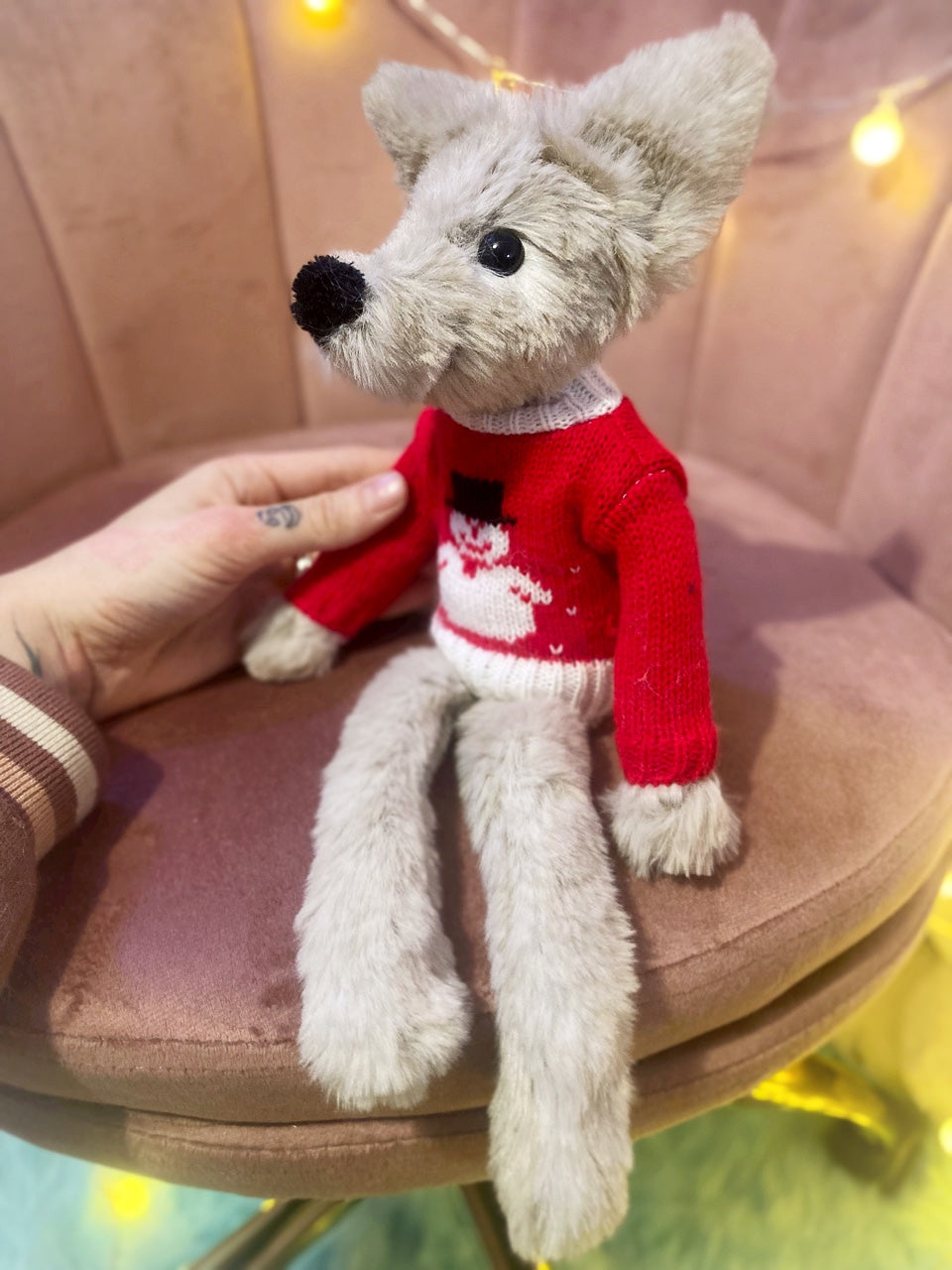 STONE FOX IN XMAS JUMPER - Handmade Luxury Weighted Plush Fluffy Fox Doll