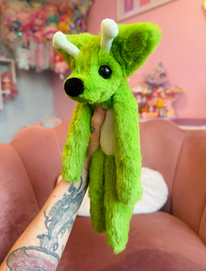 LARGE GLOW-IN-THE-DARK GREEN ALIEN FOX - Handmade Luxury Weighted Plush Fluffy Fox Doll