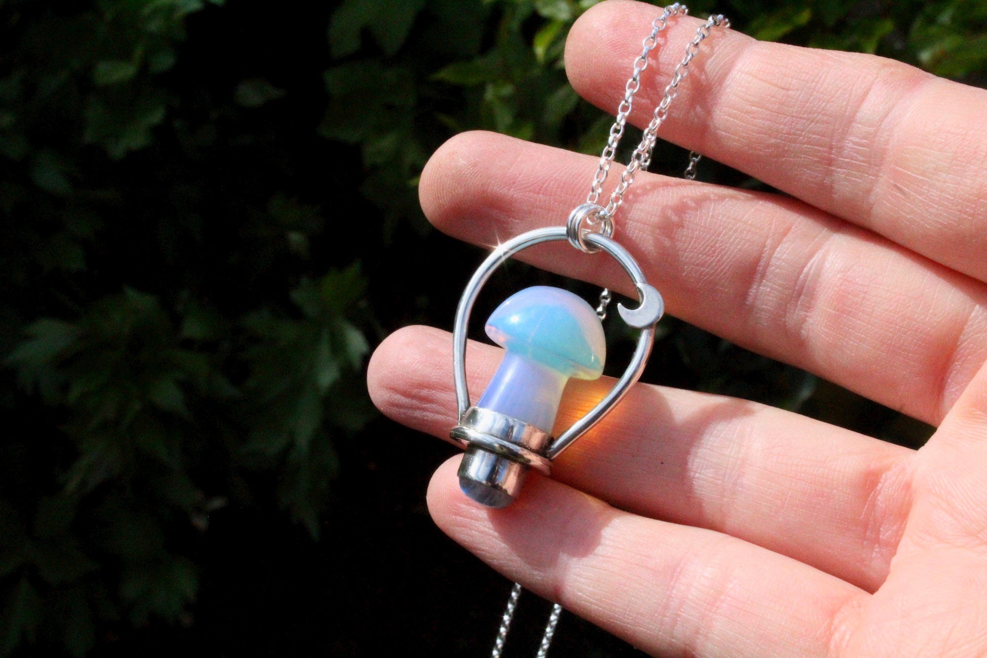꩜WITCHING HOUR꩜ Handmade Sterling Silver Necklace with Opalite Mushroom & Rainbow Moonstone