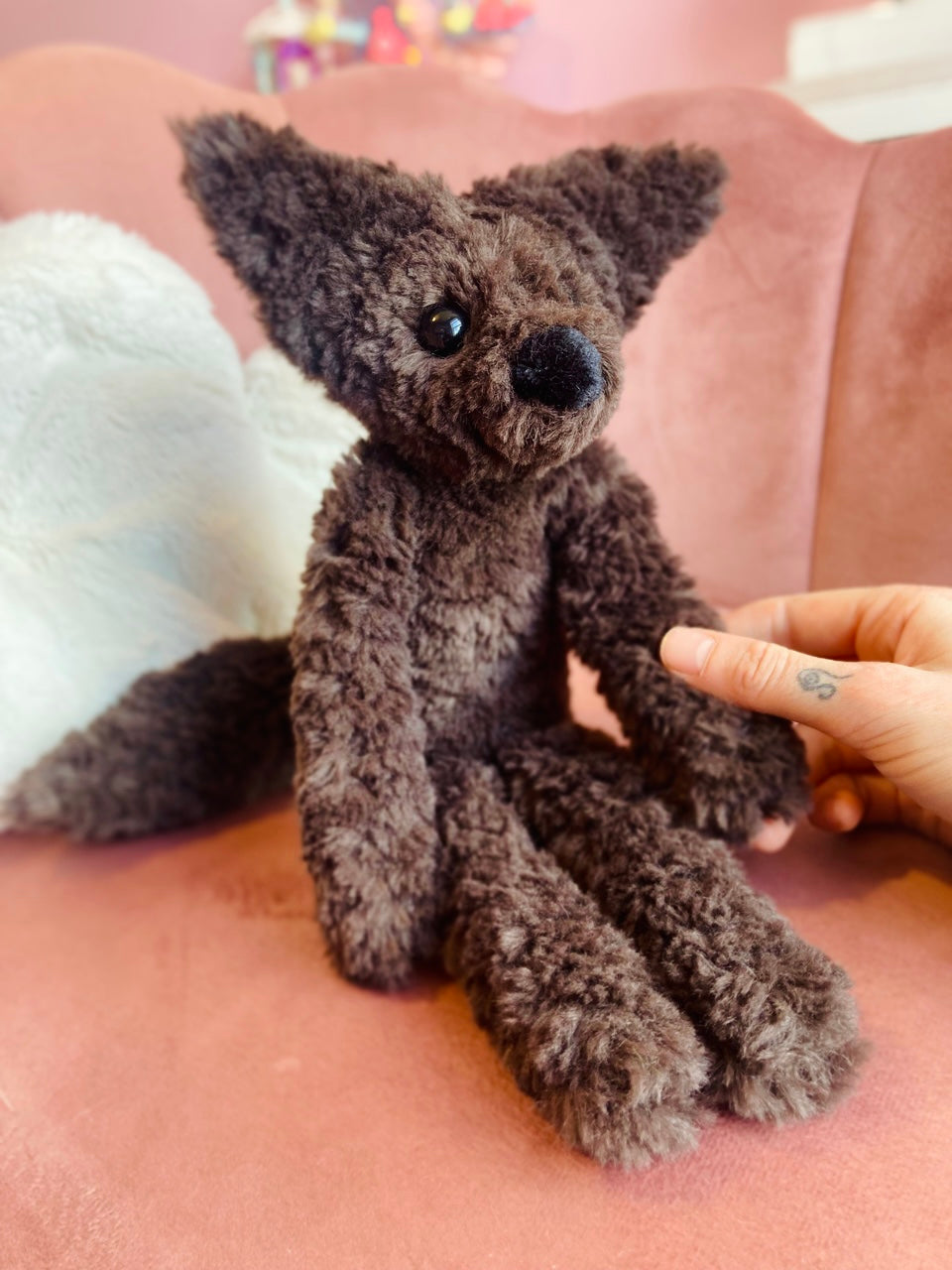 LARGE CURLY CHOCOLATE FOX (A) - Handmade Luxury Weighted Plush Doll