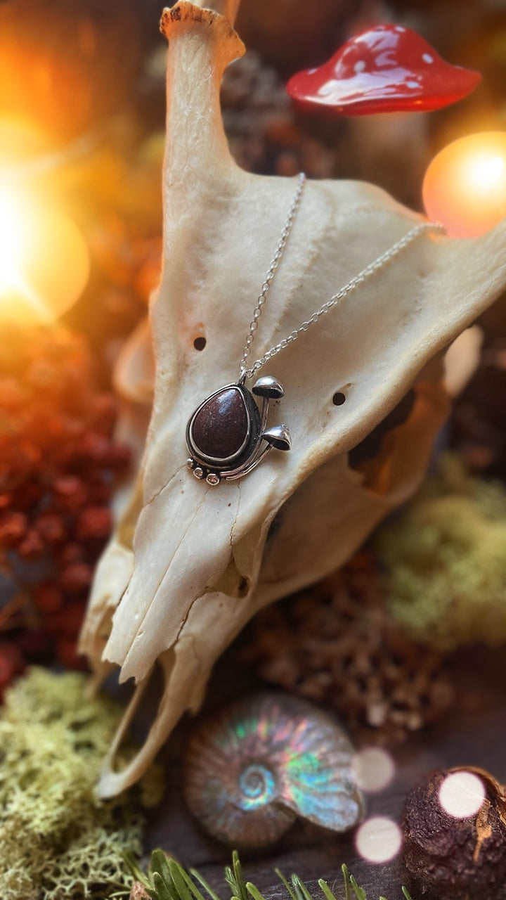 ANCESTORS Handmade Sterling Silver Mushroom Necklace with Fossilised Dinosaur Bone