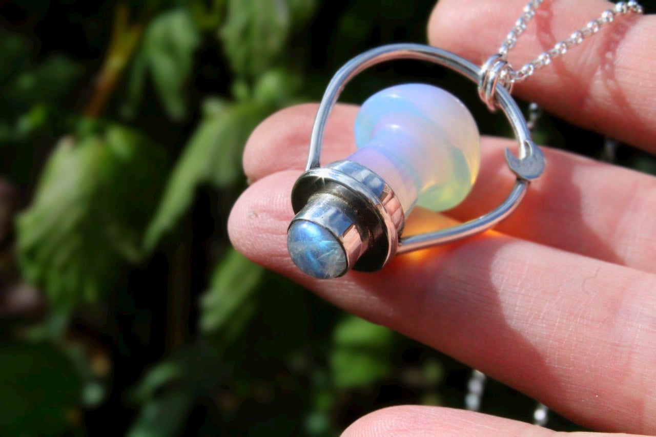 ꩜WITCHING HOUR꩜ Handmade Sterling Silver Necklace with Opalite Mushroom & Rainbow Moonstone
