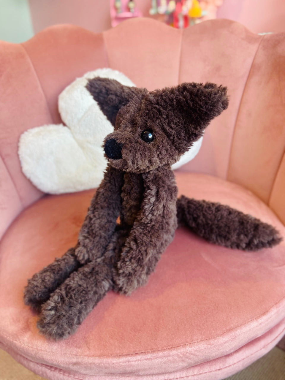 LARGE CURLY CHOCOLATE FOX (A) - Handmade Luxury Weighted Plush Doll
