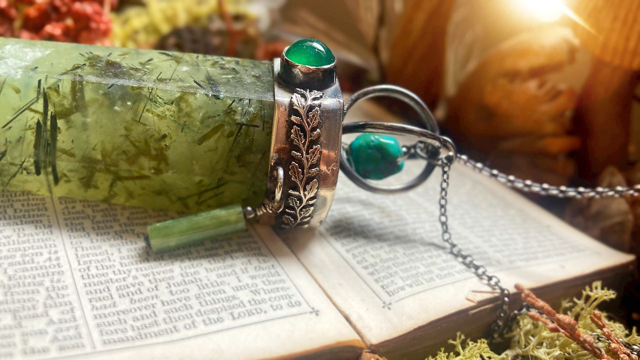 ꩜ SACRED GROVE ꩜ Handmade Sterling Silver Forest Talisman with Prehnite Crystal, Green Agate, Jade & Turquoise Beads