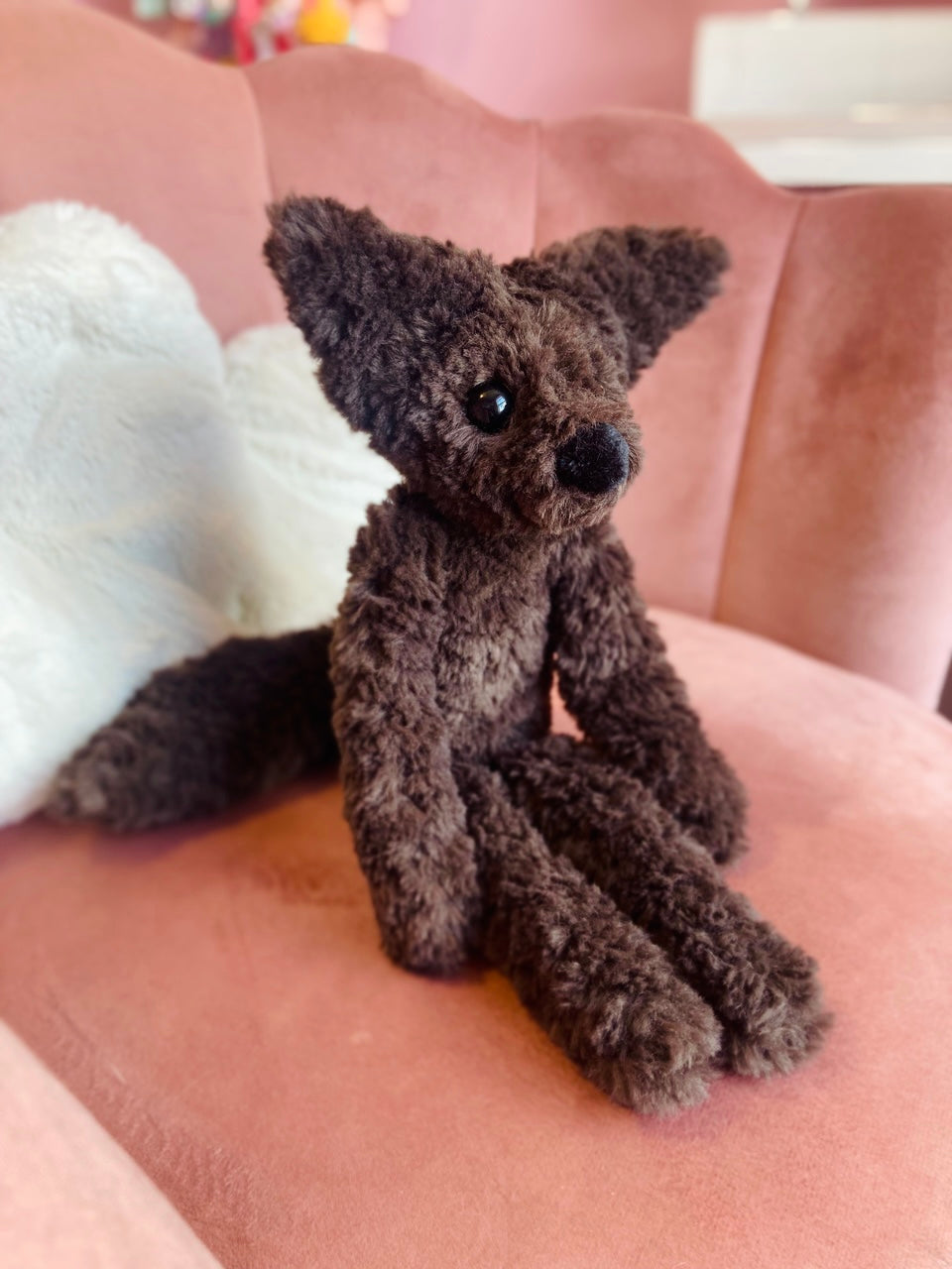 LARGE CURLY CHOCOLATE FOX (A) - Handmade Luxury Weighted Plush Doll