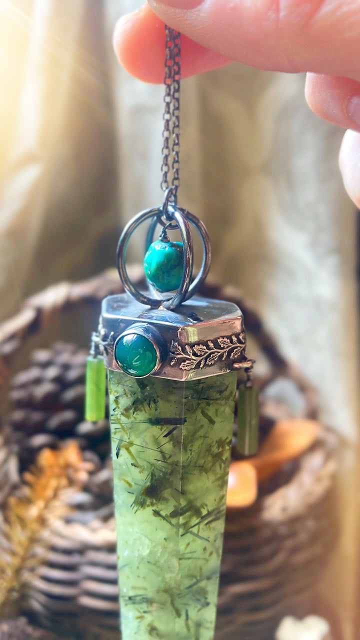 ꩜ SACRED GROVE ꩜ Handmade Sterling Silver Forest Talisman with Prehnite Crystal, Green Agate, Jade & Turquoise Beads