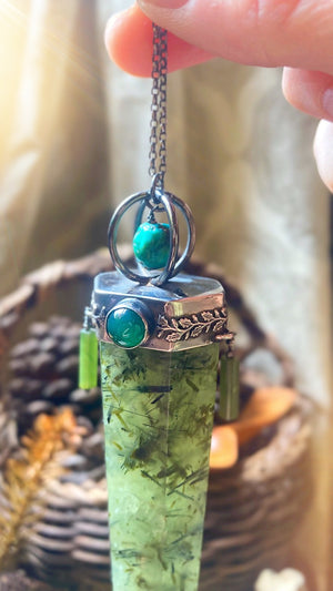 ꩜ SACRED GROVE ꩜ Handmade Sterling Silver Forest Talisman with Prehnite Crystal, Green Agate, Jade & Turquoise Beads