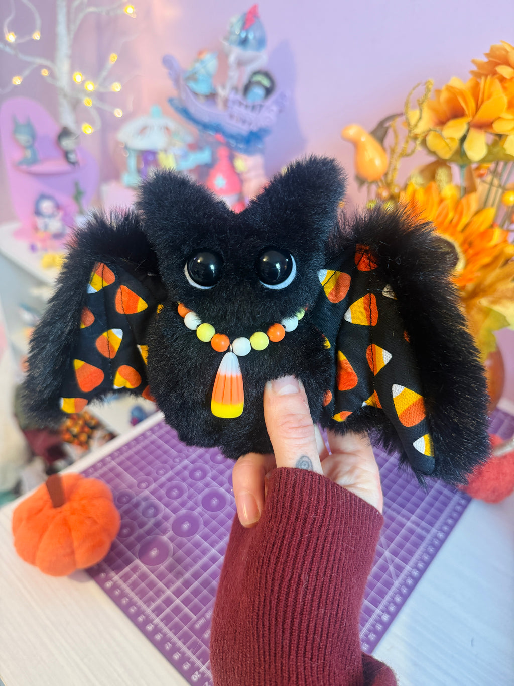 CANDYCORN BAT PALMPUFF - Handmade Mini Luxury Weighted Doll