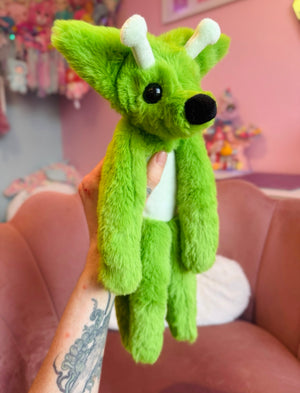 LARGE GLOW-IN-THE-DARK GREEN ALIEN FOX - Handmade Luxury Weighted Plush Fluffy Fox Doll