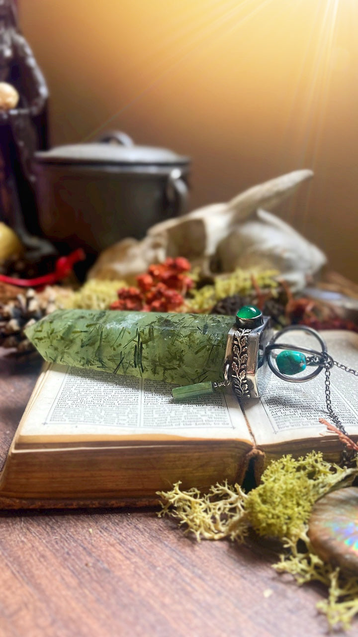 ꩜ SACRED GROVE ꩜ Handmade Sterling Silver Forest Talisman with Prehnite Crystal, Green Agate, Jade & Turquoise Beads