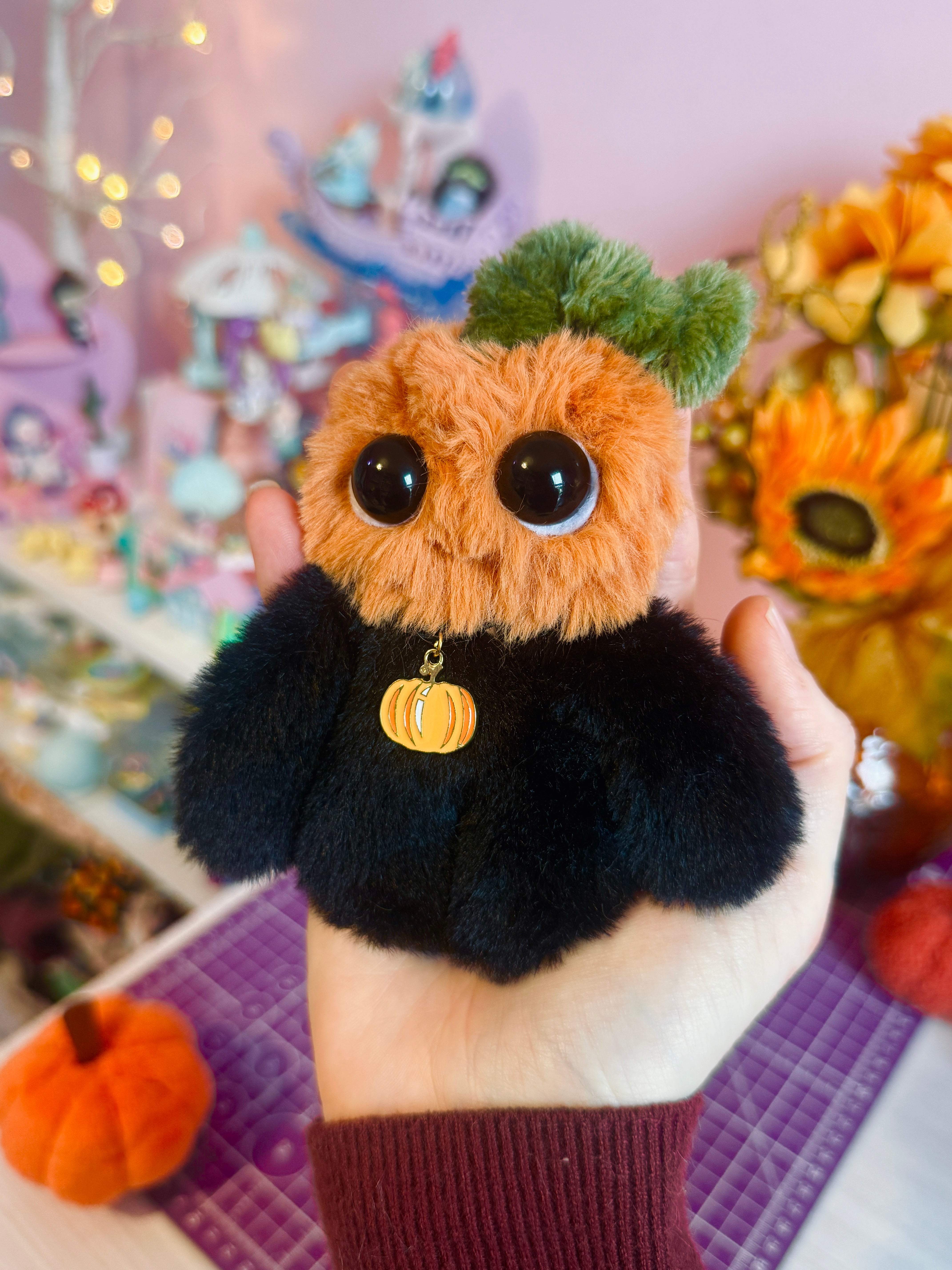 PUMPKIN PICKER PALMPUFF (B) - Handmade Mini Luxury Weighted Doll