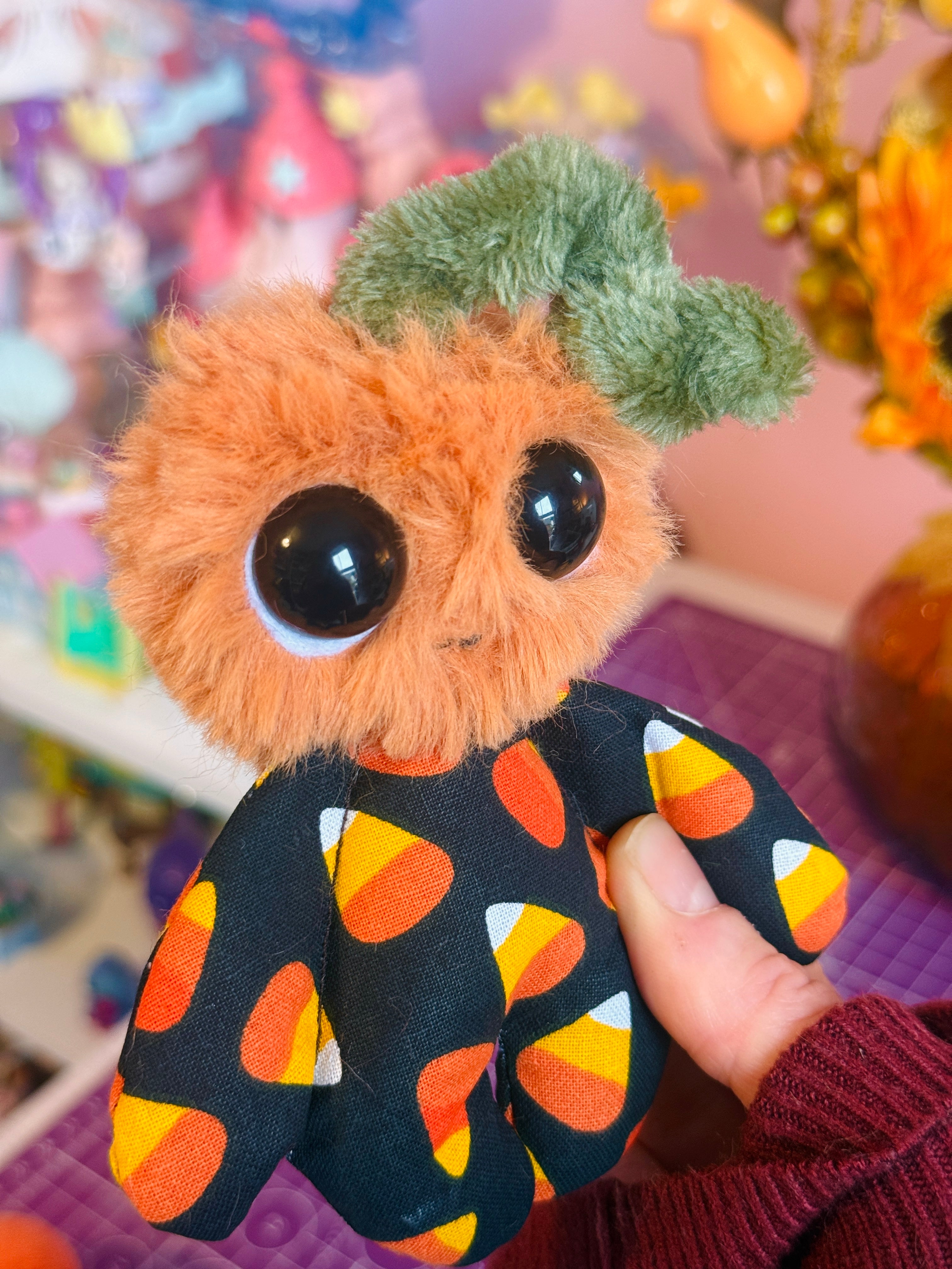CANDY CORN PUMPKIN PICKER PALMPUFF (B) - Handmade Mini Luxury Weighted Doll