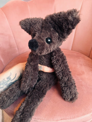 LARGE CURLY CHOCOLATE FOX (A) - Handmade Luxury Weighted Plush Doll