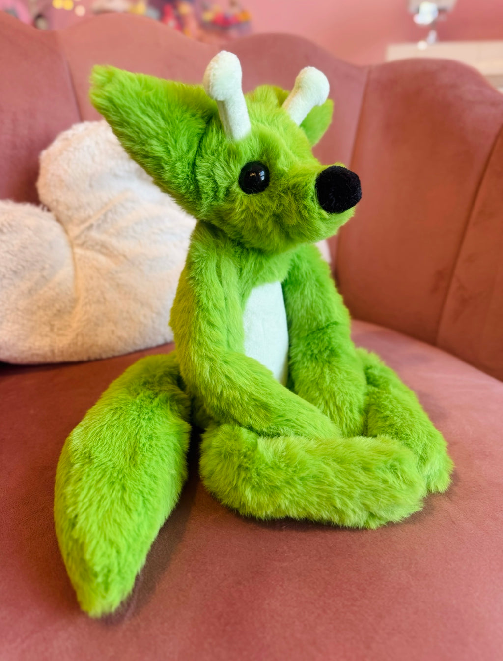 LARGE GLOW-IN-THE-DARK GREEN ALIEN FOX - Handmade Luxury Weighted Plush Fluffy Fox Doll