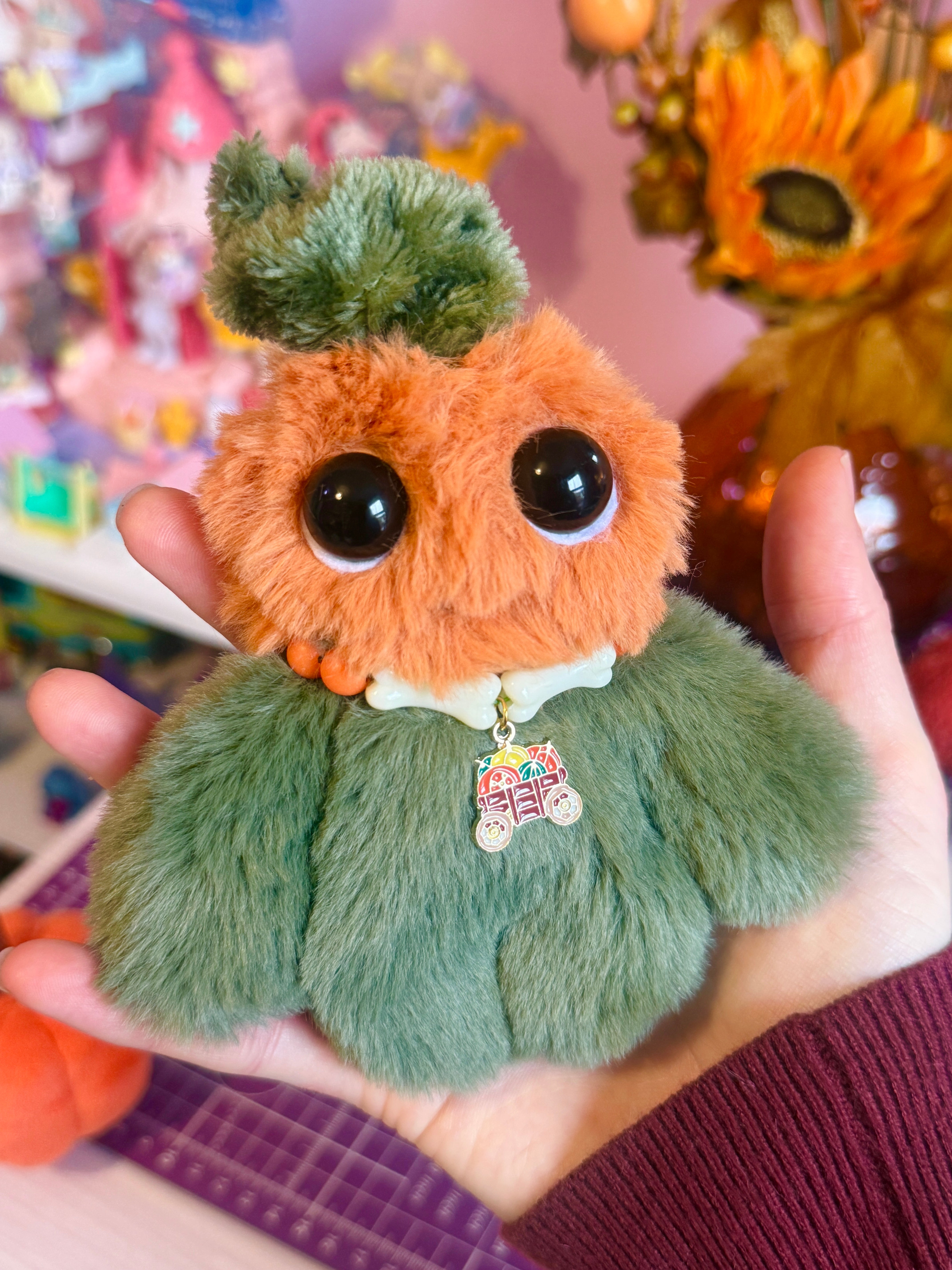 PUMPKIN PICKER PALMPUFF (A) - Handmade Mini Luxury Weighted Doll