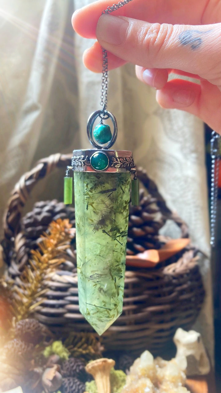 ꩜ SACRED GROVE ꩜ Handmade Sterling Silver Forest Talisman with Prehnite Crystal, Green Agate, Jade & Turquoise Beads
