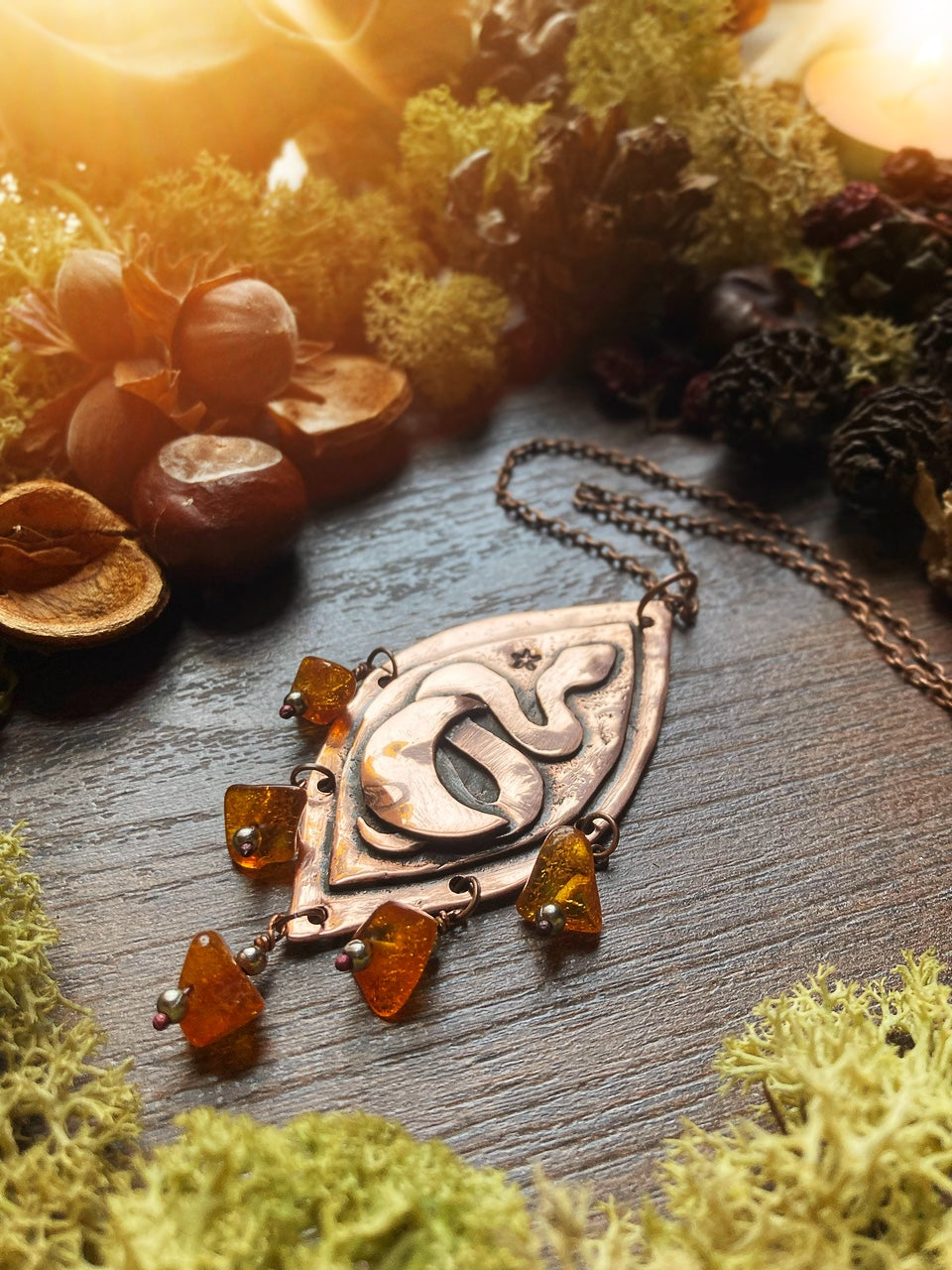 YONI Handmade Copper Necklace with Amber Beads