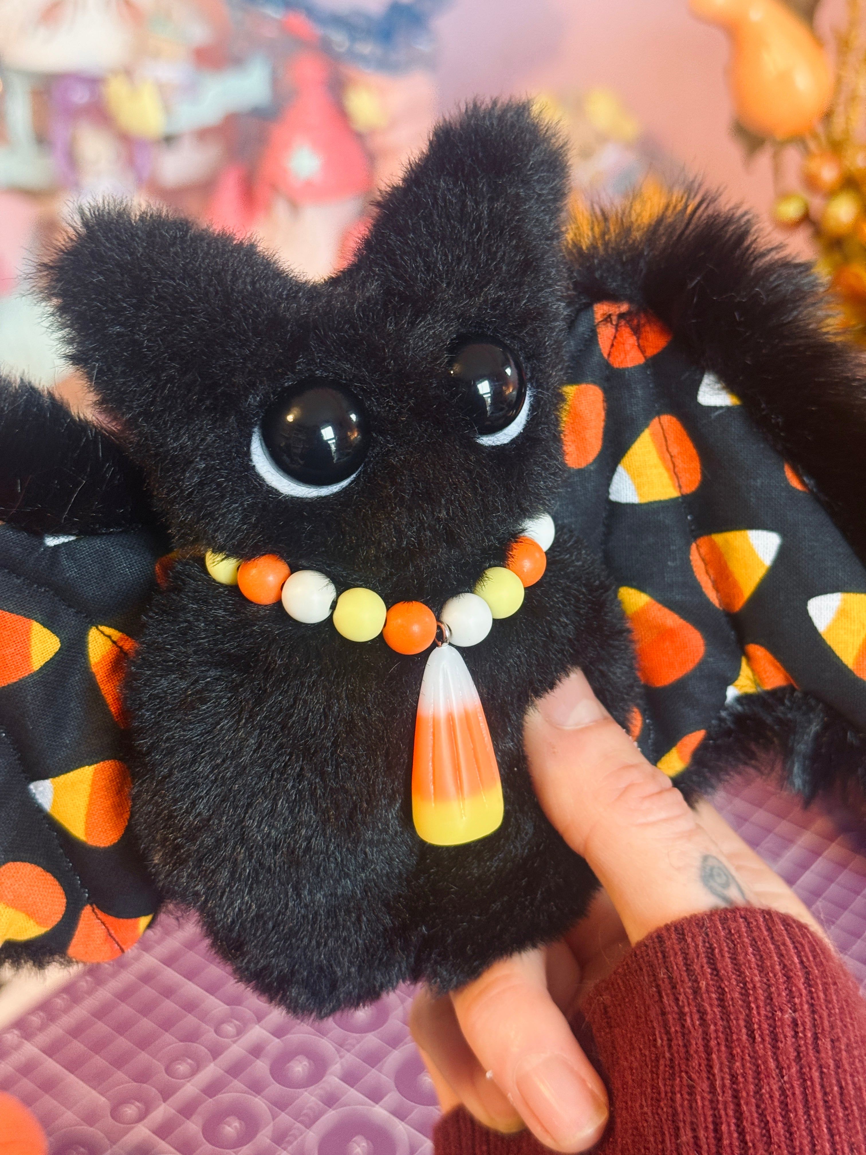 CANDYCORN BAT PALMPUFF - Handmade Mini Luxury Weighted Doll
