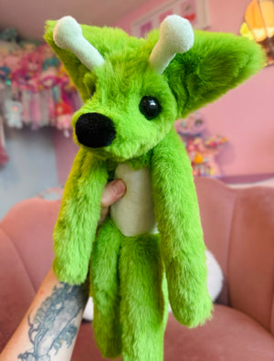 LARGE GLOW-IN-THE-DARK GREEN ALIEN FOX - Handmade Luxury Weighted Plush Fluffy Fox Doll
