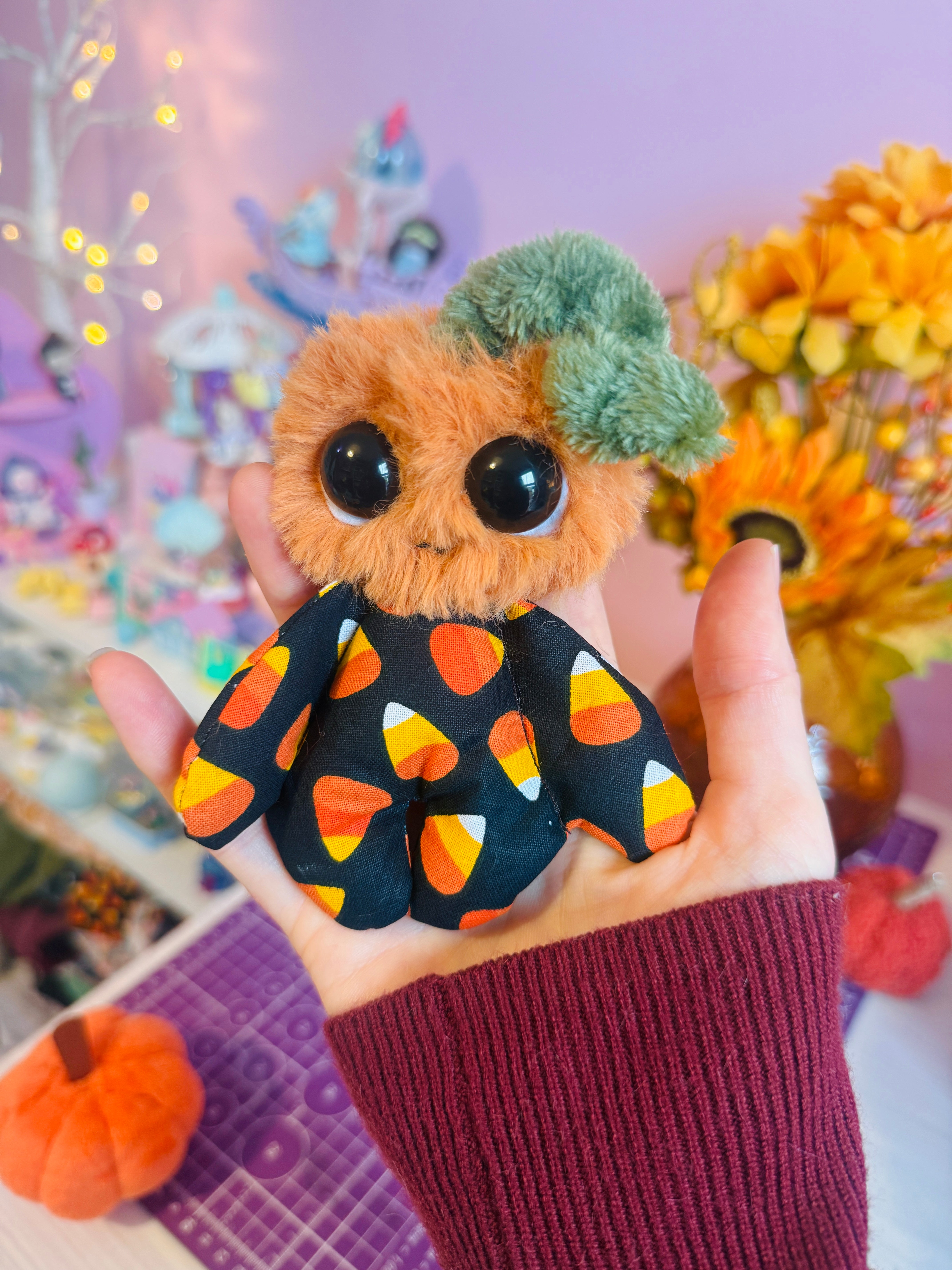 CANDY CORN PUMPKIN PICKER PALMPUFF (B) - Handmade Mini Luxury Weighted Doll