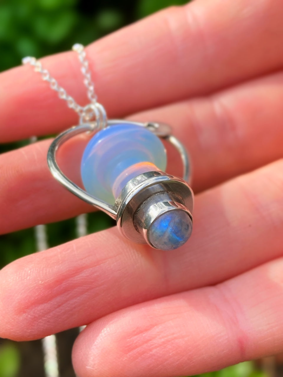 ꩜WITCHING HOUR꩜ Handmade Sterling Silver Necklace with Opalite Mushroom & Rainbow Moonstone