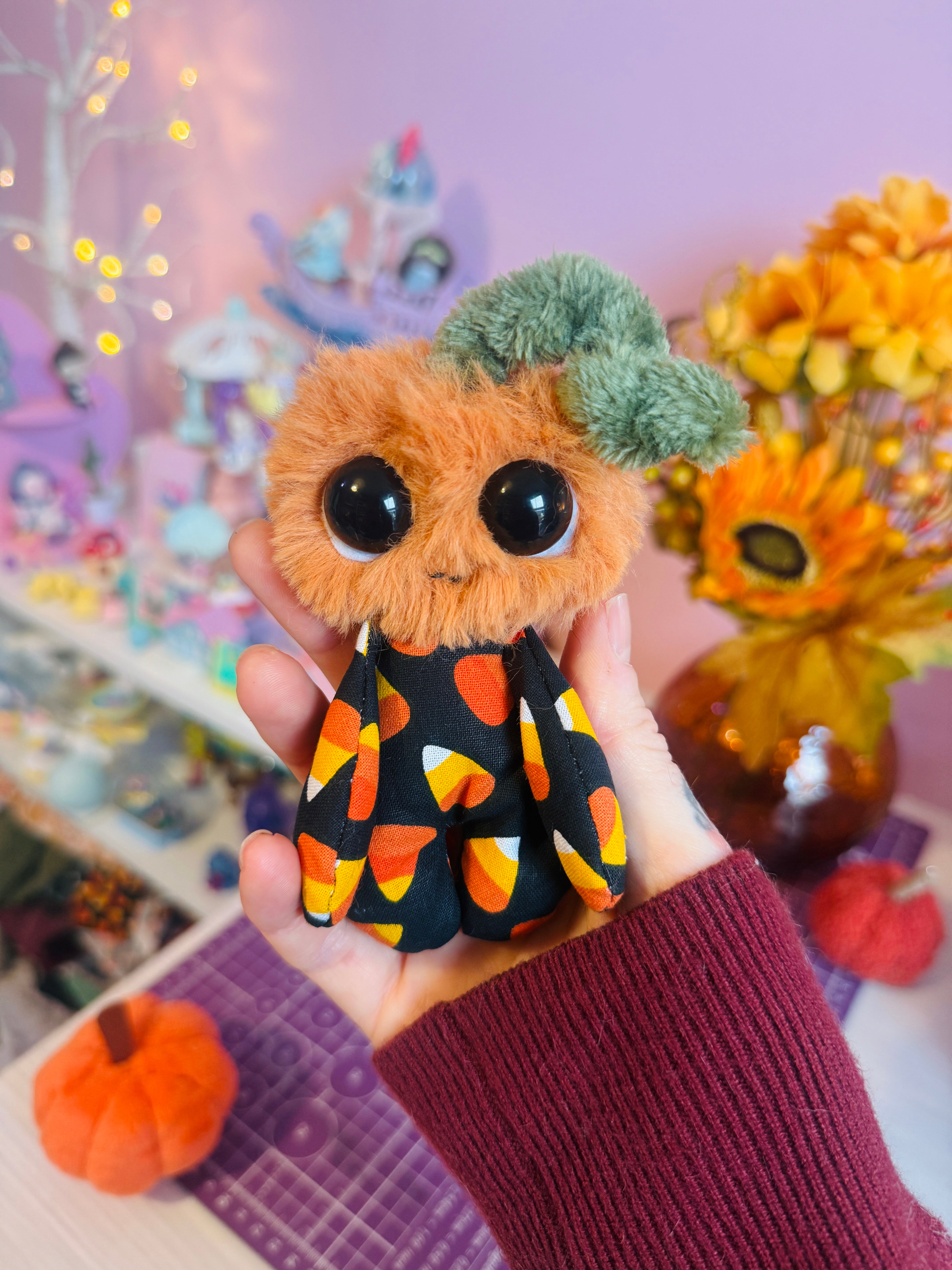CANDY CORN PUMPKIN PICKER PALMPUFF (B) - Handmade Mini Luxury Weighted Doll