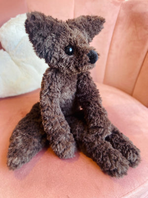 LARGE CURLY CHOCOLATE FOX (A) - Handmade Luxury Weighted Plush Doll