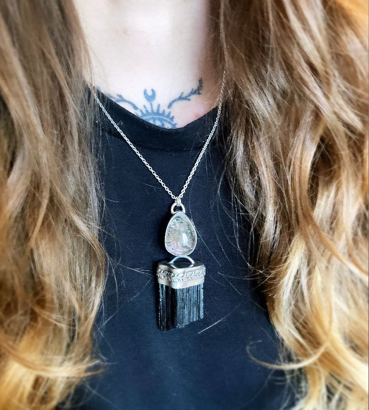 ꩜LIMINAL LANDS꩜ Handmade Sterling Silver Necklace with Black Tourmaline & Garden Quartz