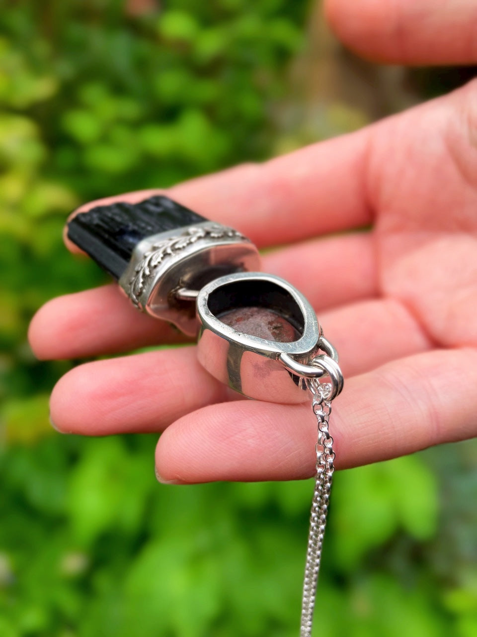 ꩜LIMINAL LANDS꩜ Handmade Sterling Silver Necklace with Black Tourmaline & Garden Quartz