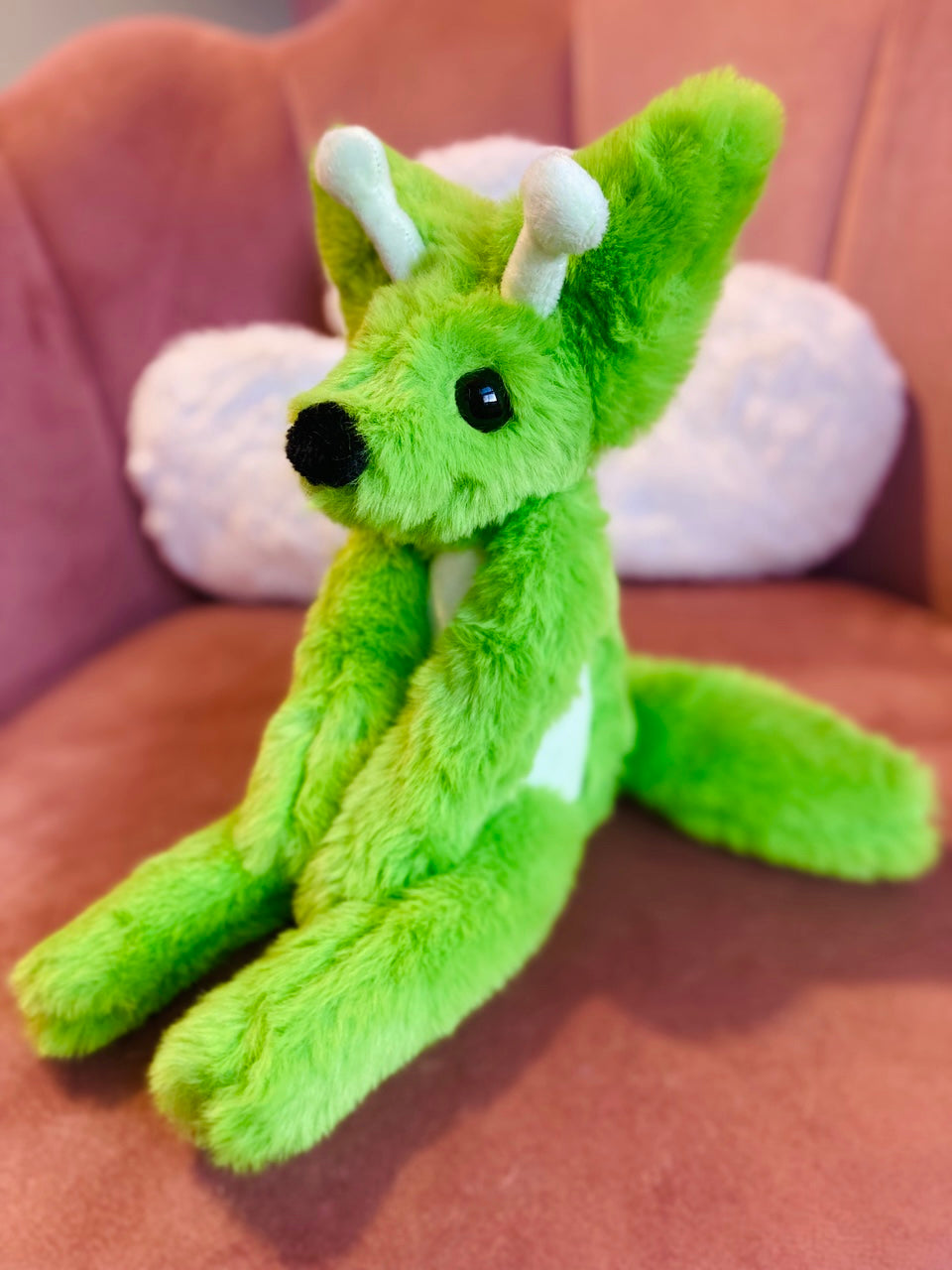GLOW-IN-THE-DARK GREEN ALIEN FOX (B) - Handmade Luxury Weighted Plush Fluffy Fox Doll