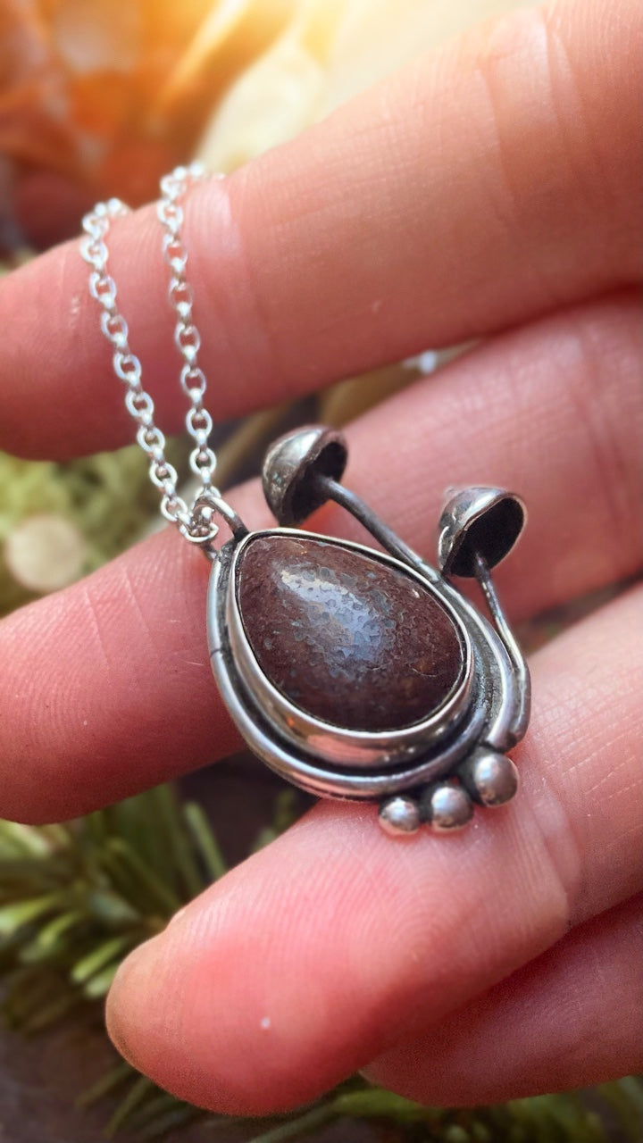 ANCESTORS Handmade Sterling Silver Mushroom Necklace with Fossilised Dinosaur Bone