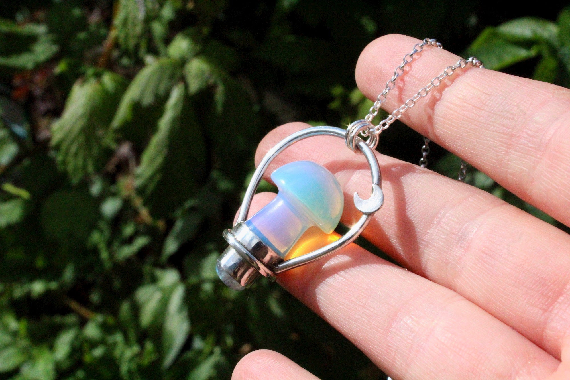 ꩜WITCHING HOUR꩜ Handmade Sterling Silver Necklace with Opalite Mushroom & Rainbow Moonstone