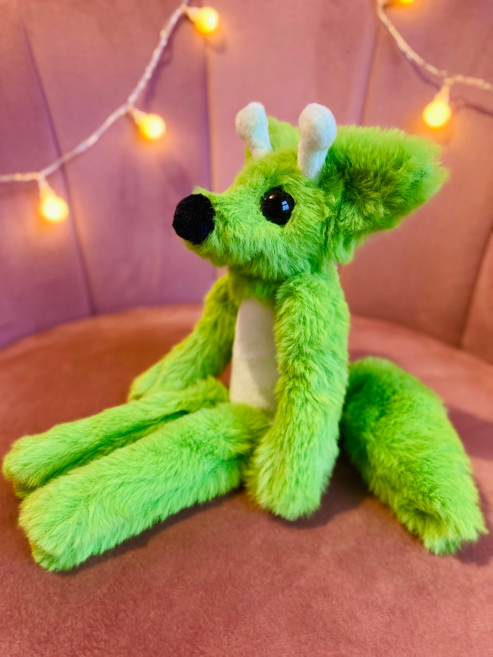 GLOW-IN-THE-DARK GREEN ALIEN FOX - Handmade Luxury Weighted Plush Fluffy Fox Doll
