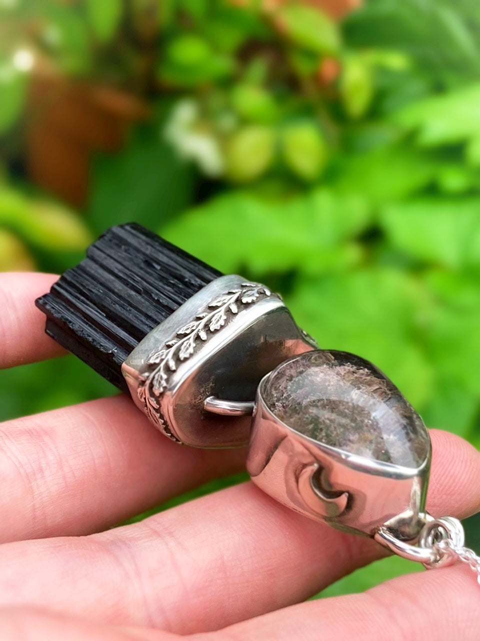 ꩜LIMINAL LANDS꩜ Handmade Sterling Silver Necklace with Black Tourmaline & Garden Quartz