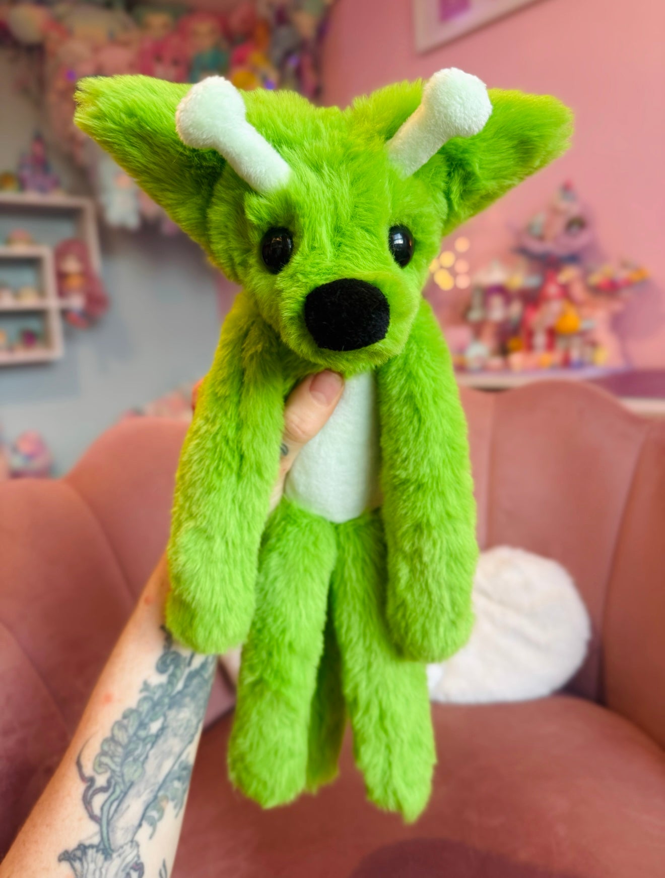 LARGE GLOW-IN-THE-DARK GREEN ALIEN FOX - Handmade Luxury Weighted Plush Fluffy Fox Doll