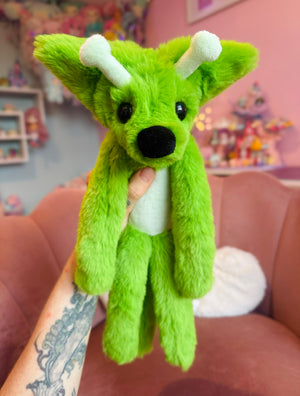 LARGE GLOW-IN-THE-DARK GREEN ALIEN FOX - Handmade Luxury Weighted Plush Fluffy Fox Doll