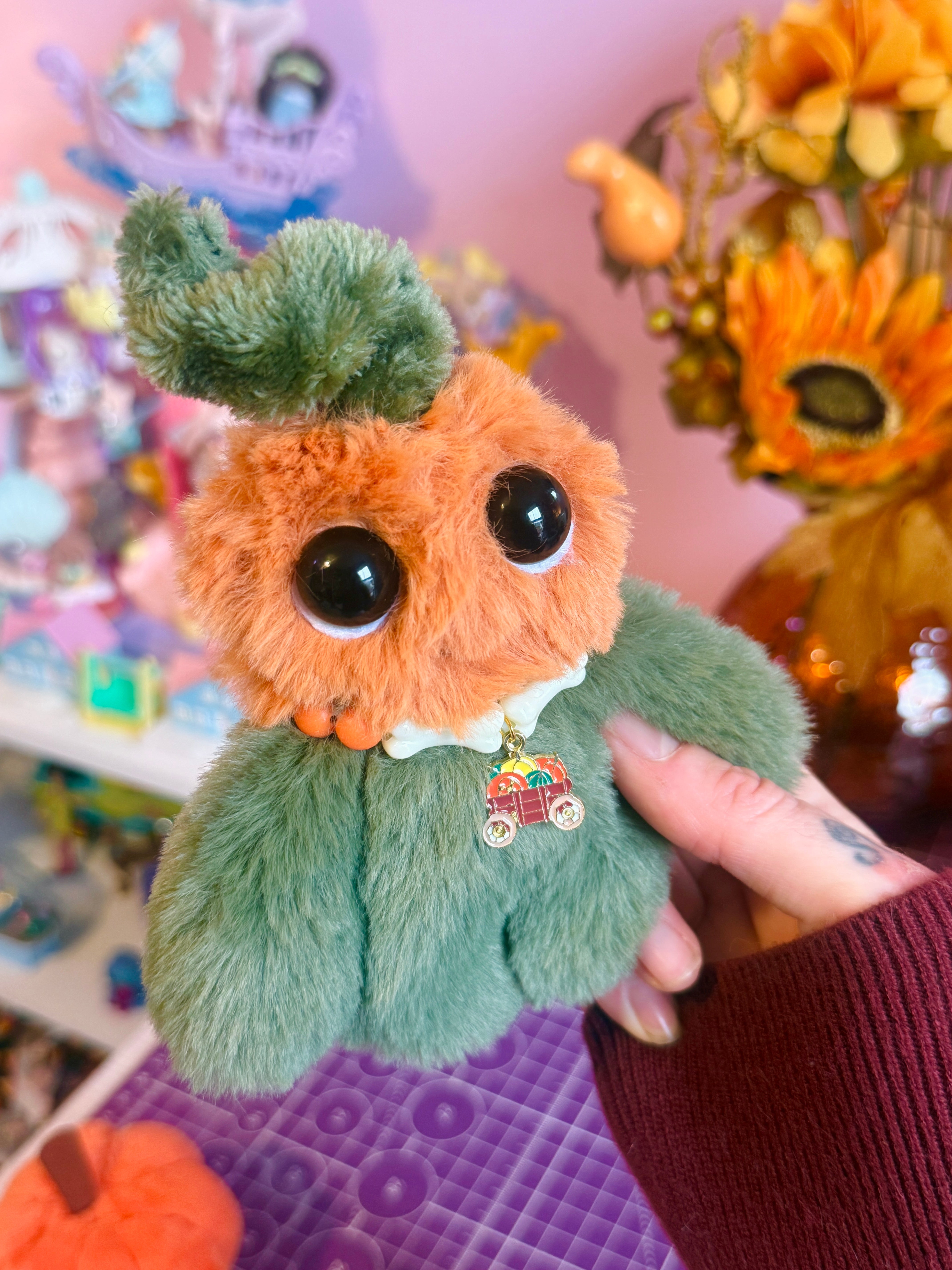 PUMPKIN PICKER PALMPUFF (A) - Handmade Mini Luxury Weighted Doll